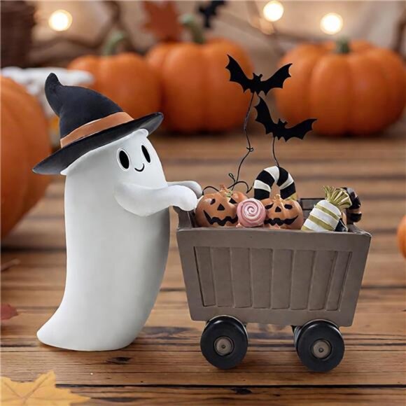 Spooky Resin Ghost Figurines with Candy Cart for Halloween Tabletop Mantel - Picture 1 of 7